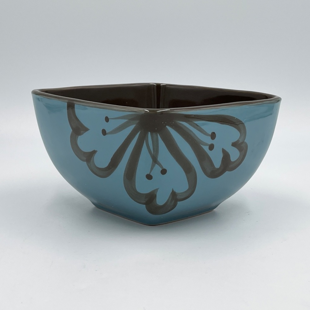 Pier 1 Hibiscus Teal & Brown 6" Stoneware Square Soup Cereal Bowl